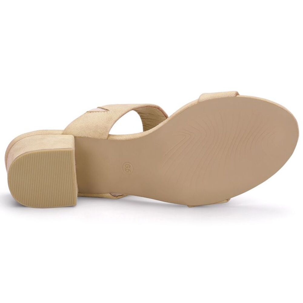Women's Open Toe Mid Chunky Heel Dual Straps Beige Slide Sandals - Picture 5 of 6